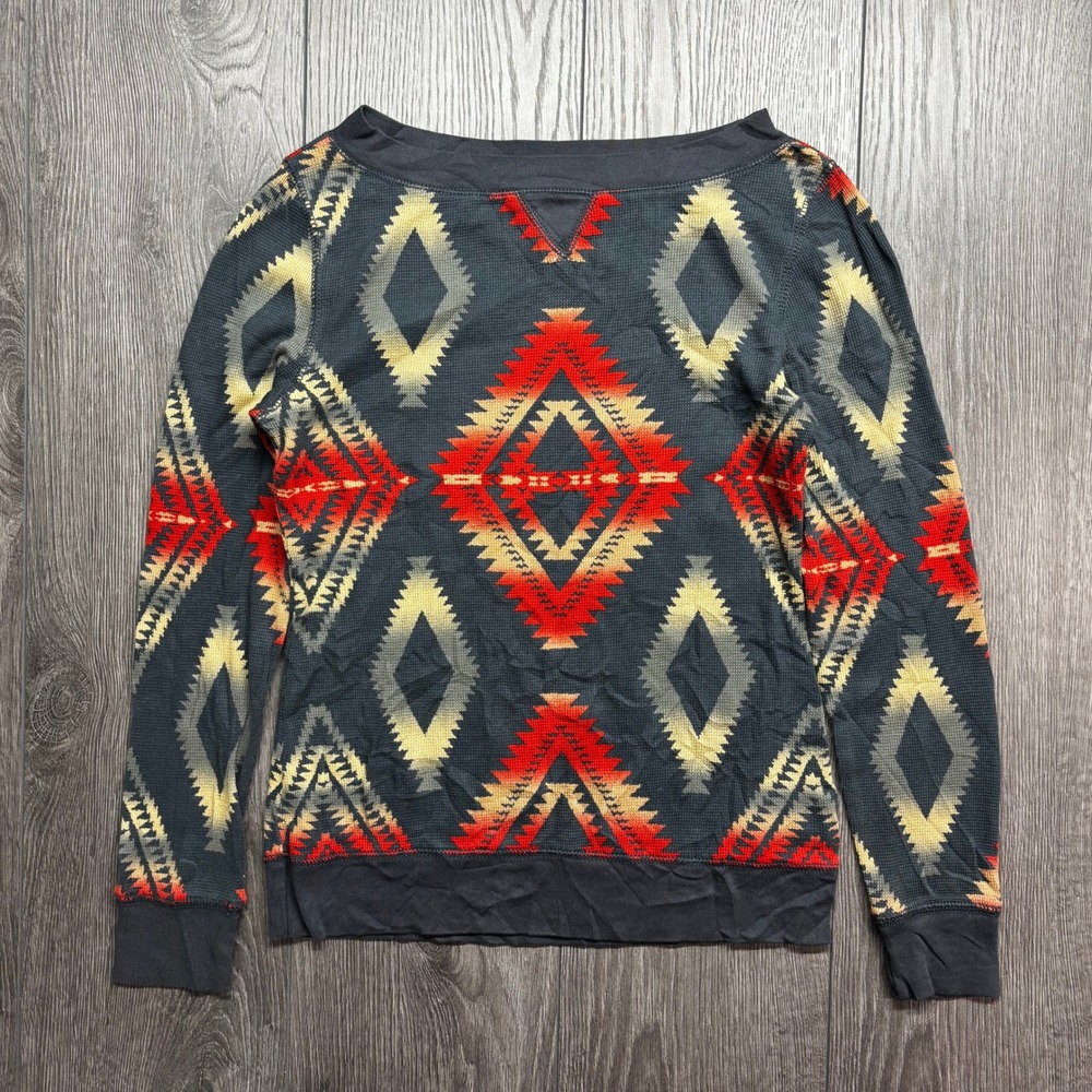 Chaps Denim Womens Small Southwestern Thermal Waffle Knit Shirt Gray Red Diamond